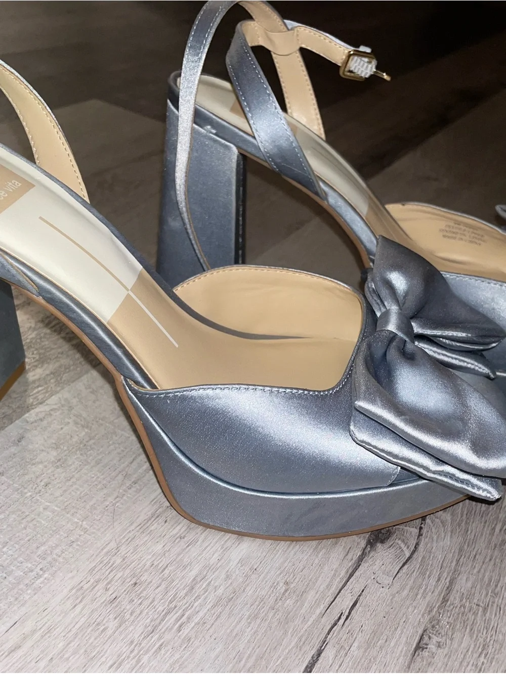 Dolce Vita Women’s Light Blue Satin Platform Sandal with Ankle Strap Bows